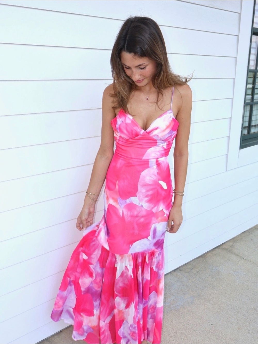 One and Only Collective Formal Vibrant Pink Floral Maxi Dress Stunning! NEW!